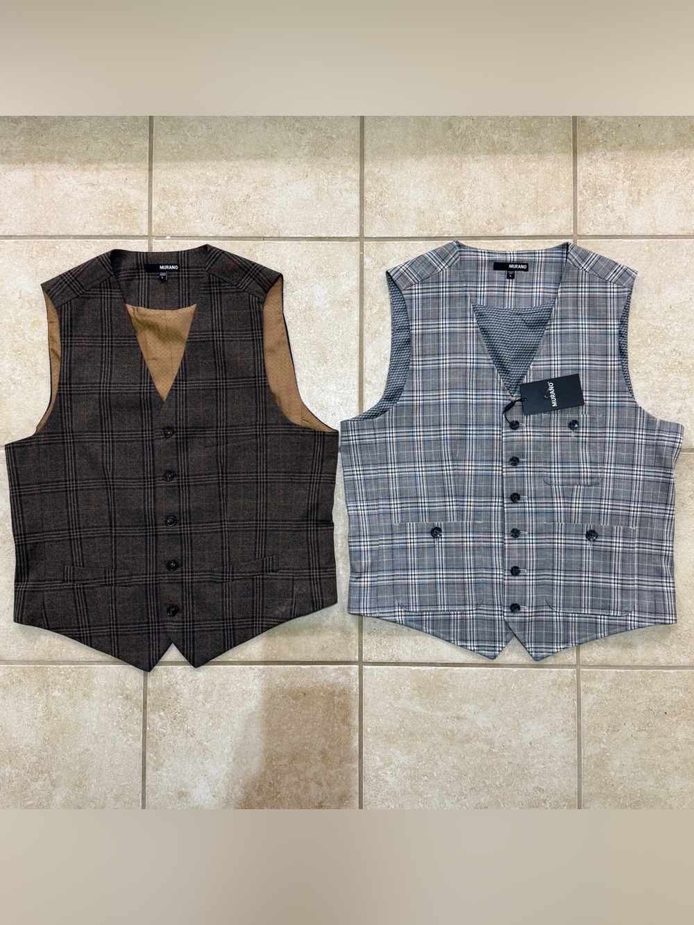 2 Murano Mens Plaid Suit Vests Business Casual Grey& Brown Large